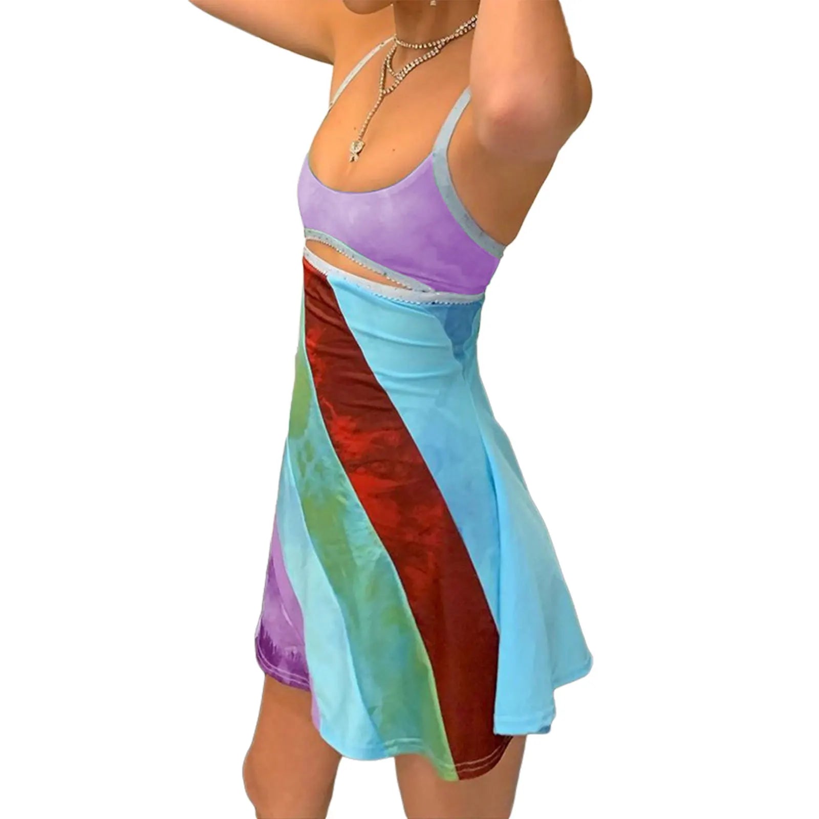 2024 New Women’s Casual Sweet Suspender A-line Dress Fashion Contrast Color U-neck Hollow Short Dress