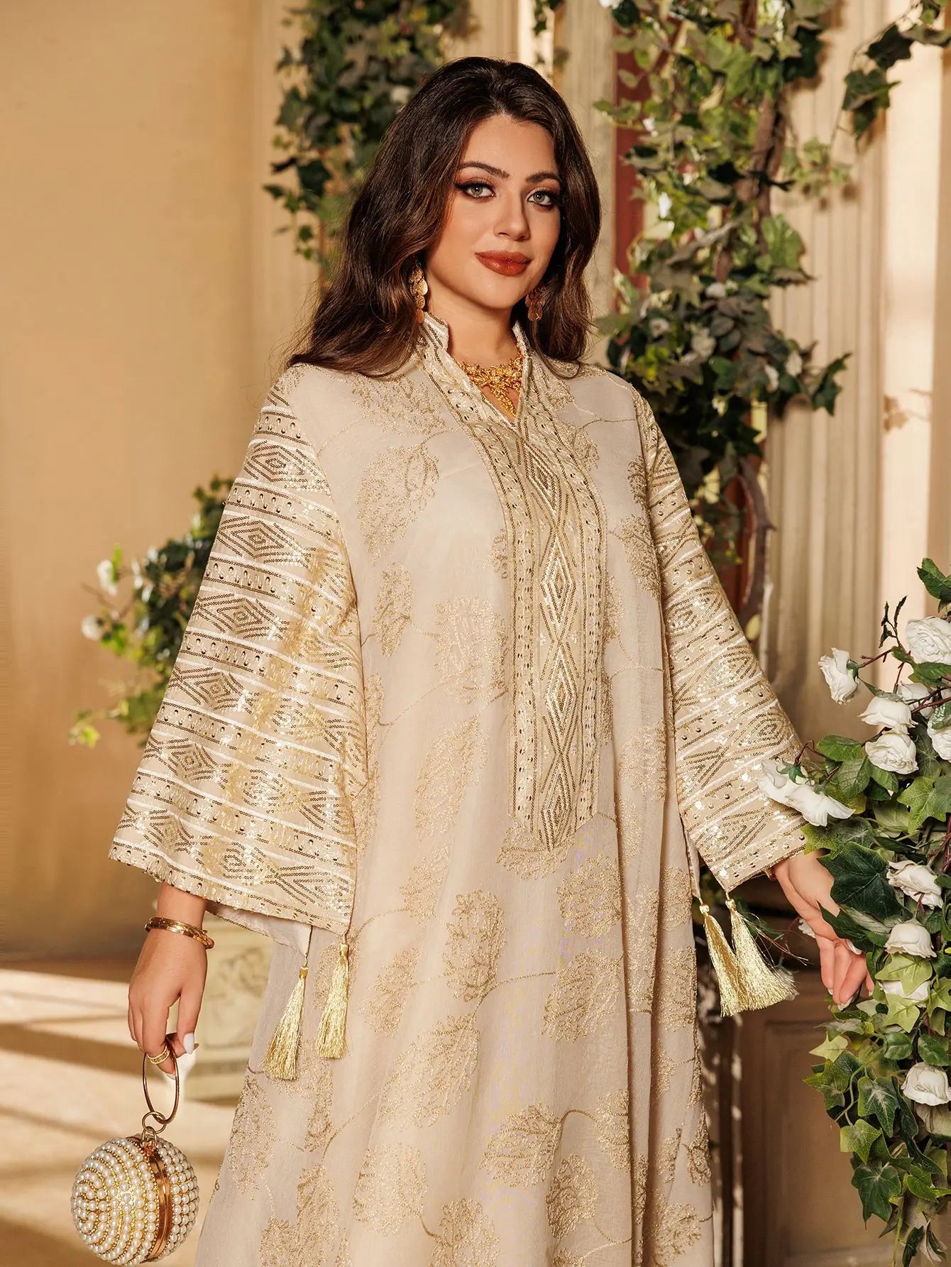 Elegant Beige Abaya for Islamic Ladies Intricate Gold Embroidery idea for Festivities and Religious Ceremonies in Middle East