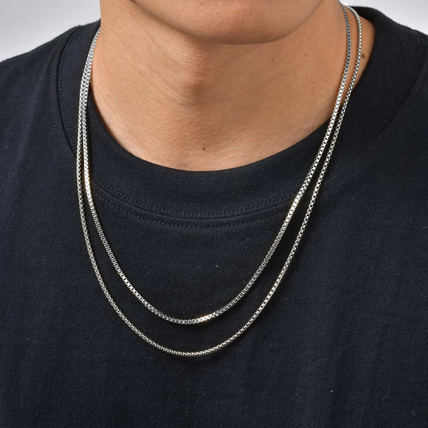 2pcs/set Thin Chain Necklace for Men Boys,Stainless Steel Gold Silver Color Box Chain Collars,Stylish Male Jewelry Gift