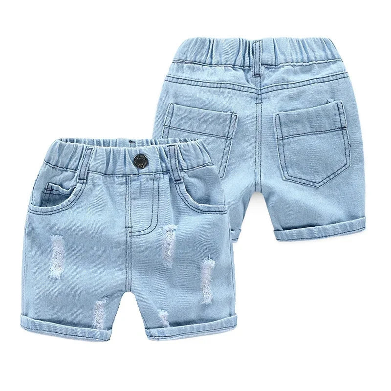 Summer Boy Shorts Children Casual Torn Jeans Kids Knee Length Denim Pants Baby Elastic Waist Shorts Infant Fashion Trousers 2-8Y
