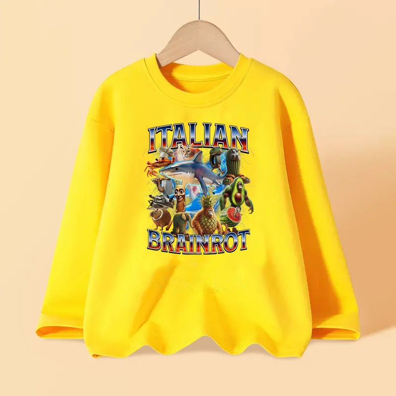 Italian Brainrot Long Sleeve T-shirt for Children Spring and Autumn Cotton Shirt for Boys Girls Cartoon Tops 3-14T