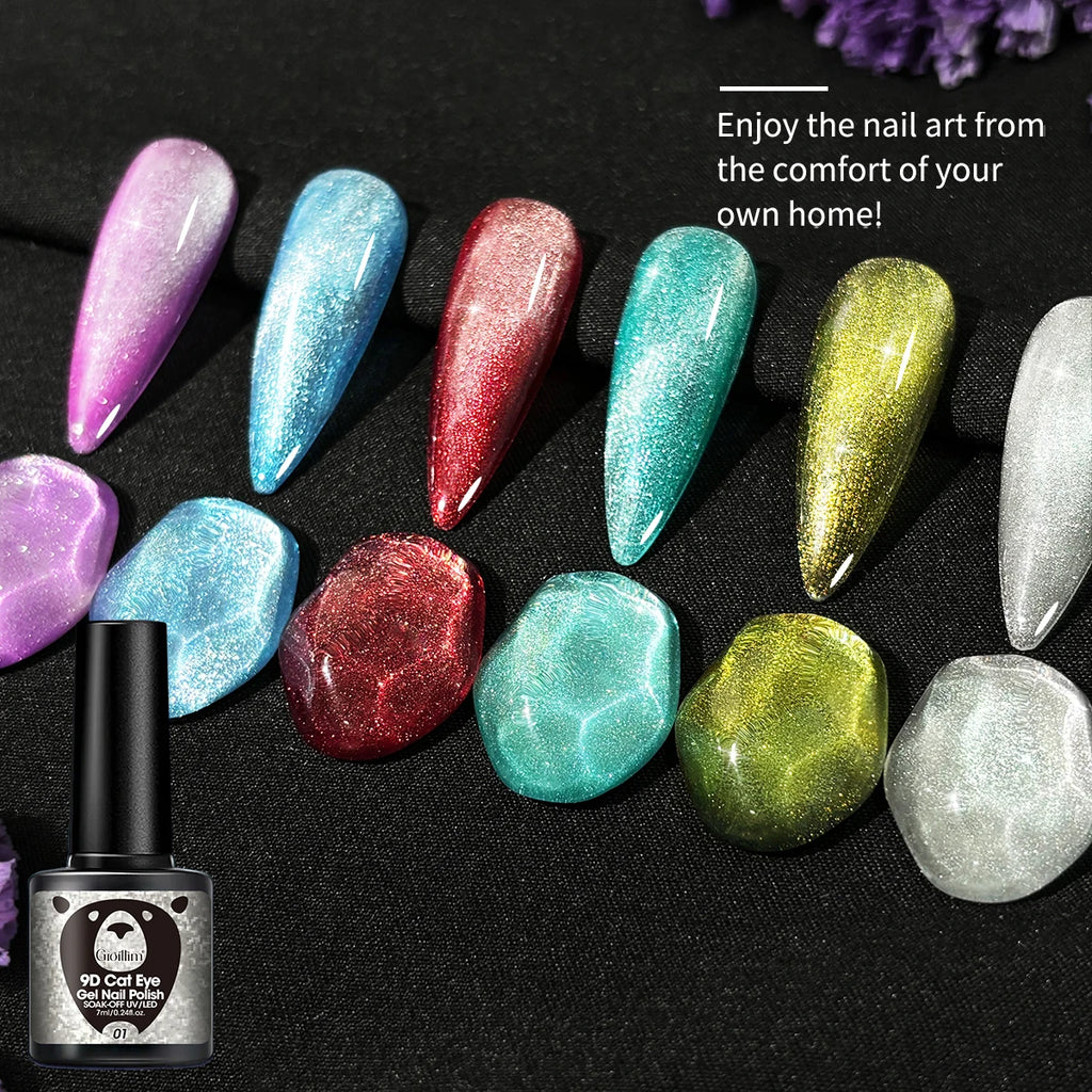 This 6-piece set of Crystal Cat Eye Gel Nail Polish with magnets features crystal cat eye color-changing gel nail polish, perfec