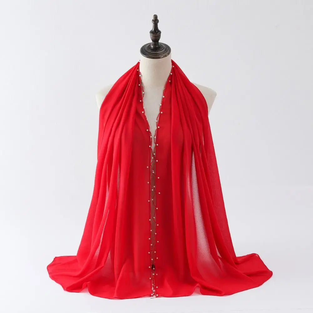 Luxury Beads Islamic Turban Pearls Chiffon Wraps Shawl Long Bandana Malaysia Headscarf Women