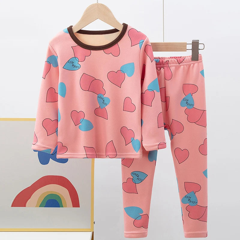 2-piece winter plus velvet children's cute printed pattern long-sleeved trousers for boys and girls Joker pajamas home service s