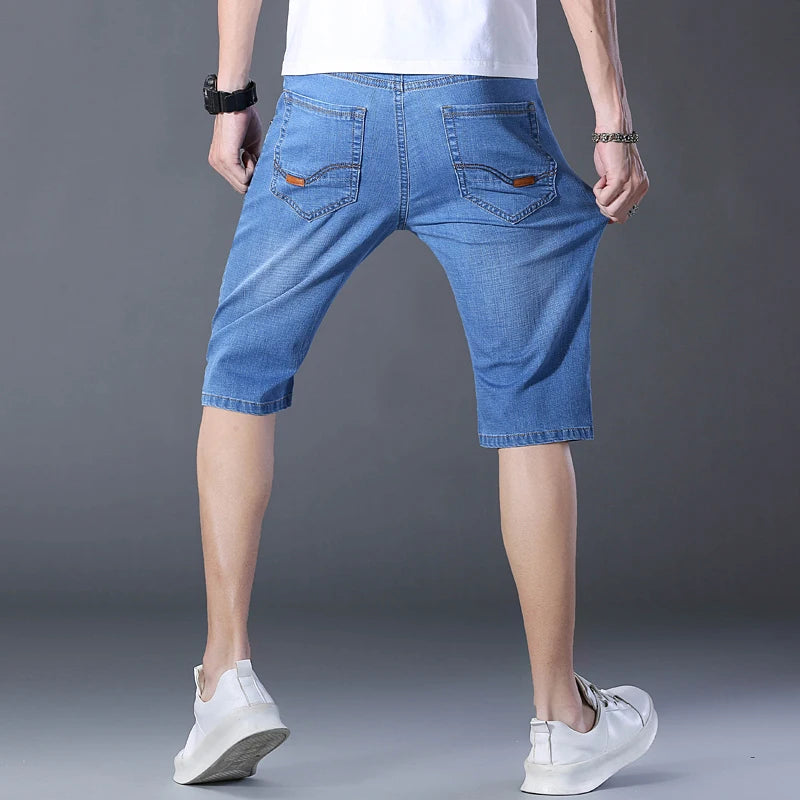 2024 Mens Casual Knee Length Denim Shorts Elastic Straight Brand Cotton Jeans Street Style Fashion Solid Color Short Jeans