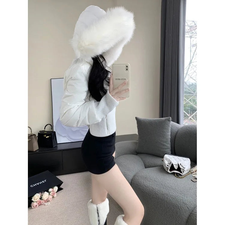 Japanese Heavy Hooded Down Cotton Jackets Autumn Winter Short Coat Women 2025 New White Casual All-match Women's Tops