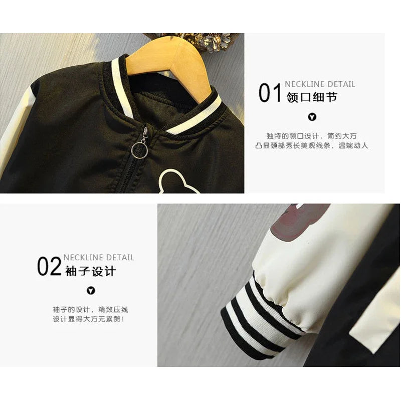 2025 Spring Autumn New Boys Girls Jacket Cartoon Bear Letter Print Baseball Uniform For 4-12 Years Children Sports Outerwear