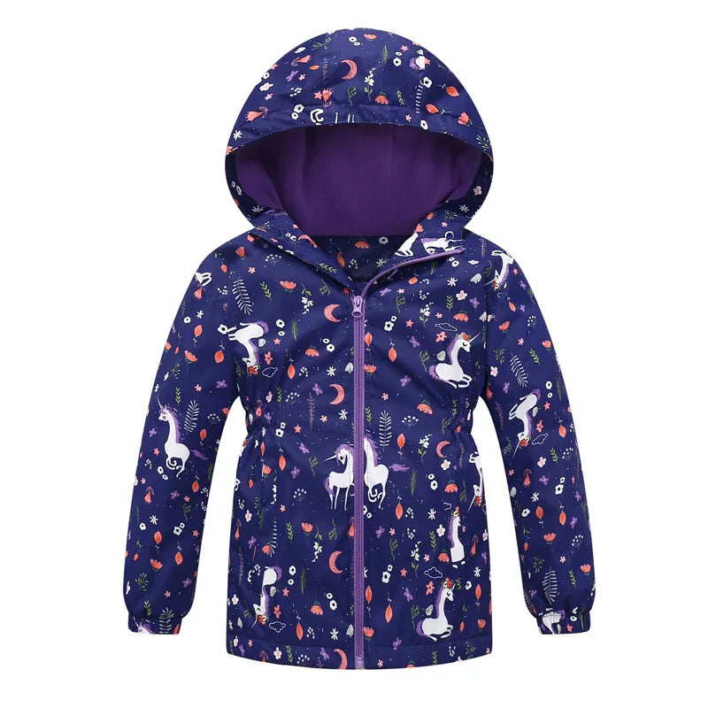 Toddler Girls Unicorn Hooded Waterproof Windproof Jacket - Spring Coat for Kids