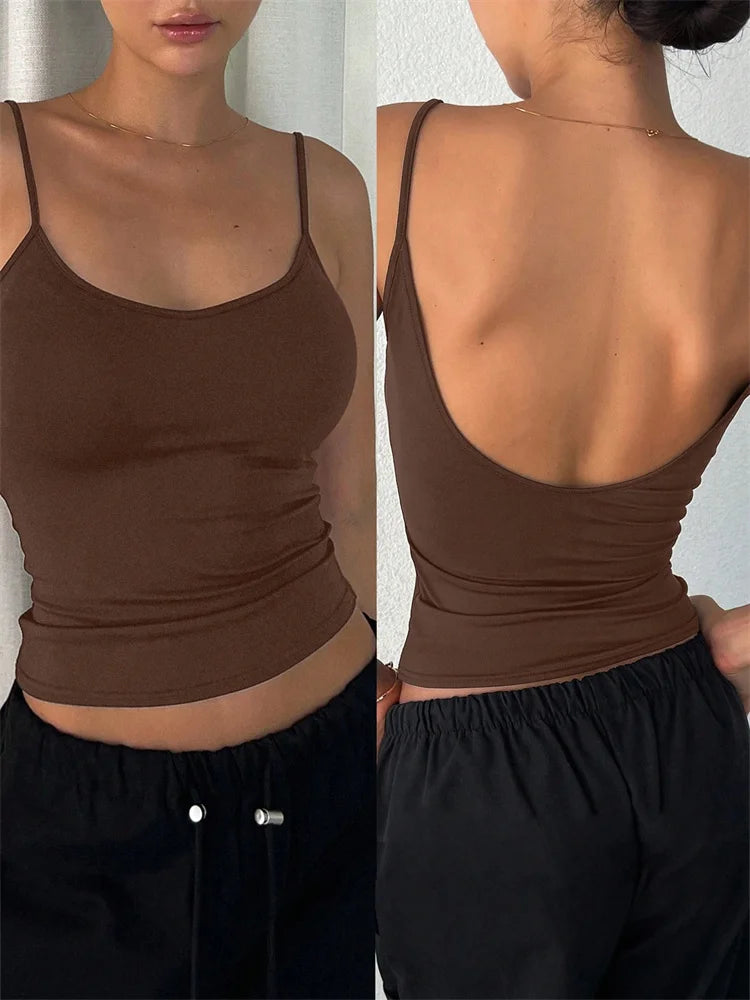 Women Backless Cami Crop Top Summer Solid Color Casual Sleeveless Top Streetwear Y2K Clothes