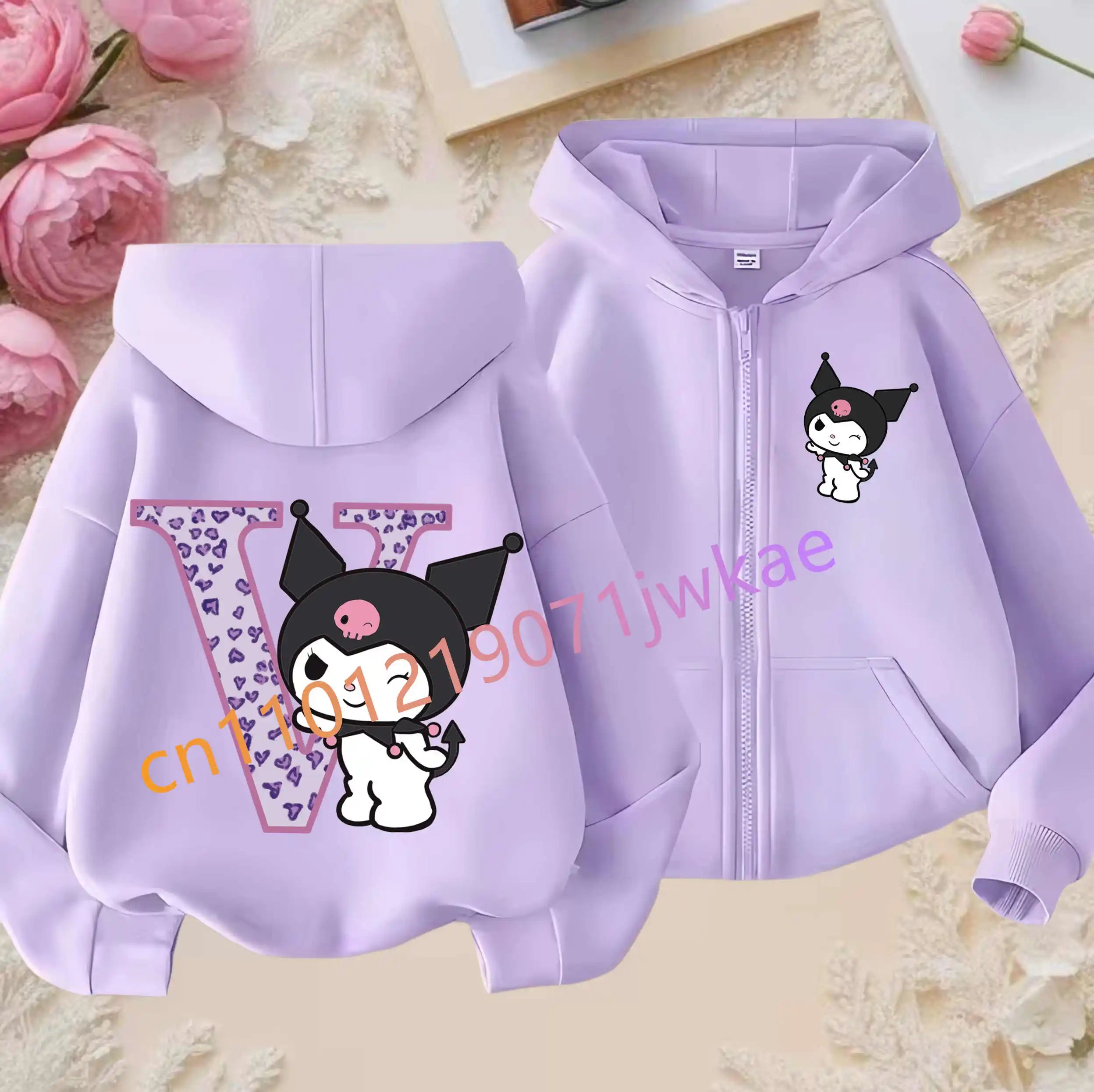 Kuromi Jacket ‌Princess Coat Cartoon Letter A-Z Sanrios Kids Hooded Sweatshirt Cute Tops Outerwear Girl Clothes Birthday Gift