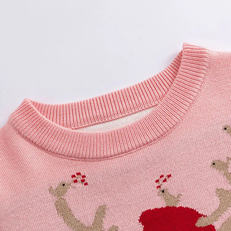 Winter Girls' New Reindeer Print Cartoon Cute Long Sleeved Christmas Fashion Simple and Versatile Knitted Round Neck Sweater