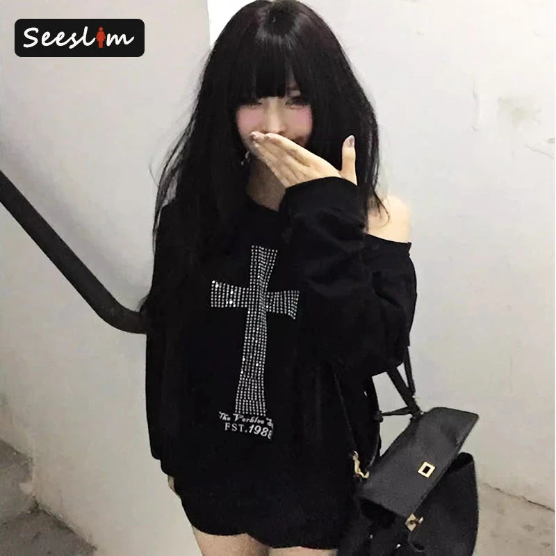 women Seeslim One-Shoulder Graphic Hoodie
