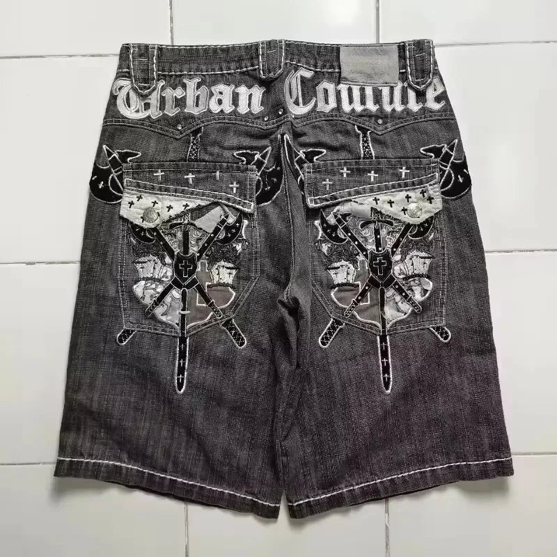 American Retro Gothic Women Denim Shorts Pattern Embroidery Loose Unisex Shorts Y2K Printing Korean Casual Fashion Couple Shorts