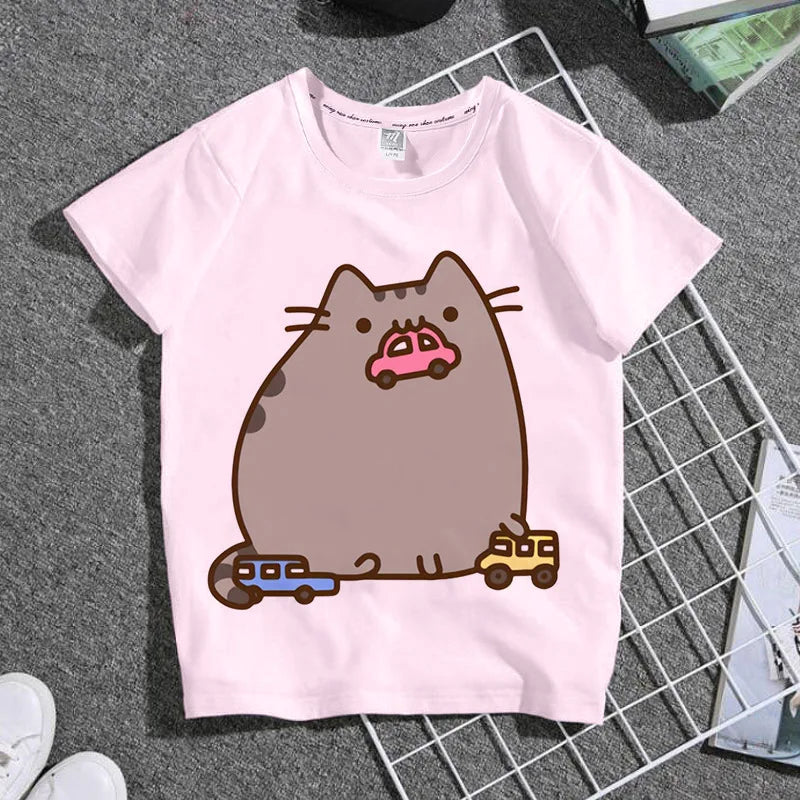 Summer Boys and Girls Children's T-shirt Cute Cat Cat Novel Cartoon Print Primary School Short Sleeve Parent-child Clothing