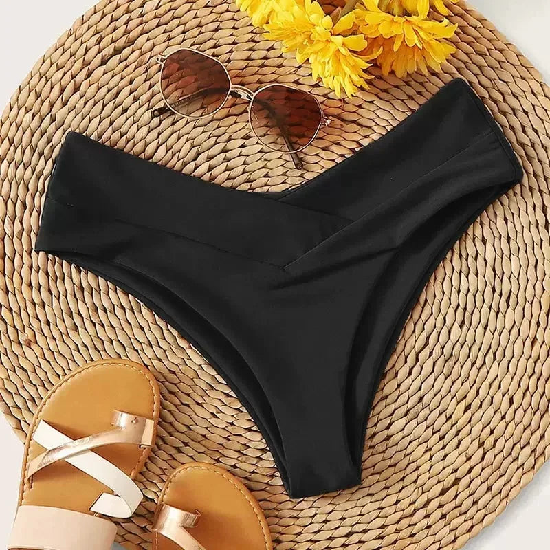 Women High Waisted Brazilian Bikini Set Sexy V Cheeky Swimwear Summer Beach Bathing Suit Black Thong Bottom Sexy Female Swimming