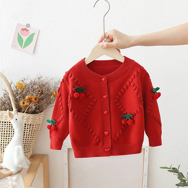 Girls' Sweaters Cardigan Spring Autumn New Love Button Warm Sweater Coats Korean Girls Cute Cherry Thicked Knitted Tops
