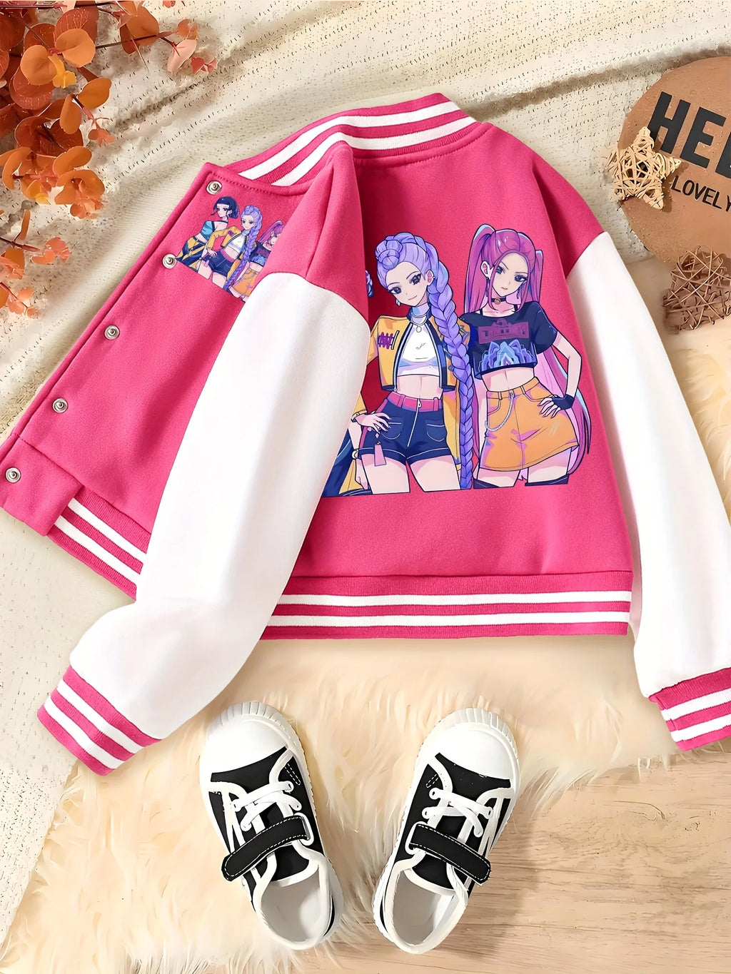 Christmas-Themed Short Baseball Jacket for Girls with a "Anime Idol Girl Group" Design, Trendy Clothing for Girls, Sportswear for Older Children, Casual Wear for Home and Outings, Versatile