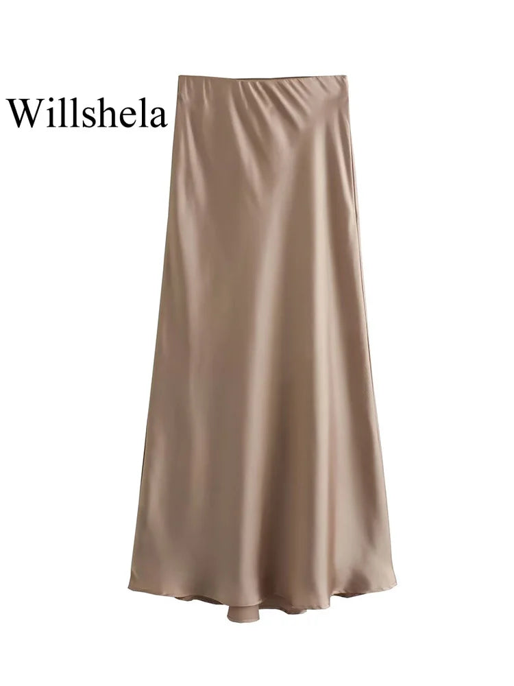 Black Satin High-Waist Midi Skirt