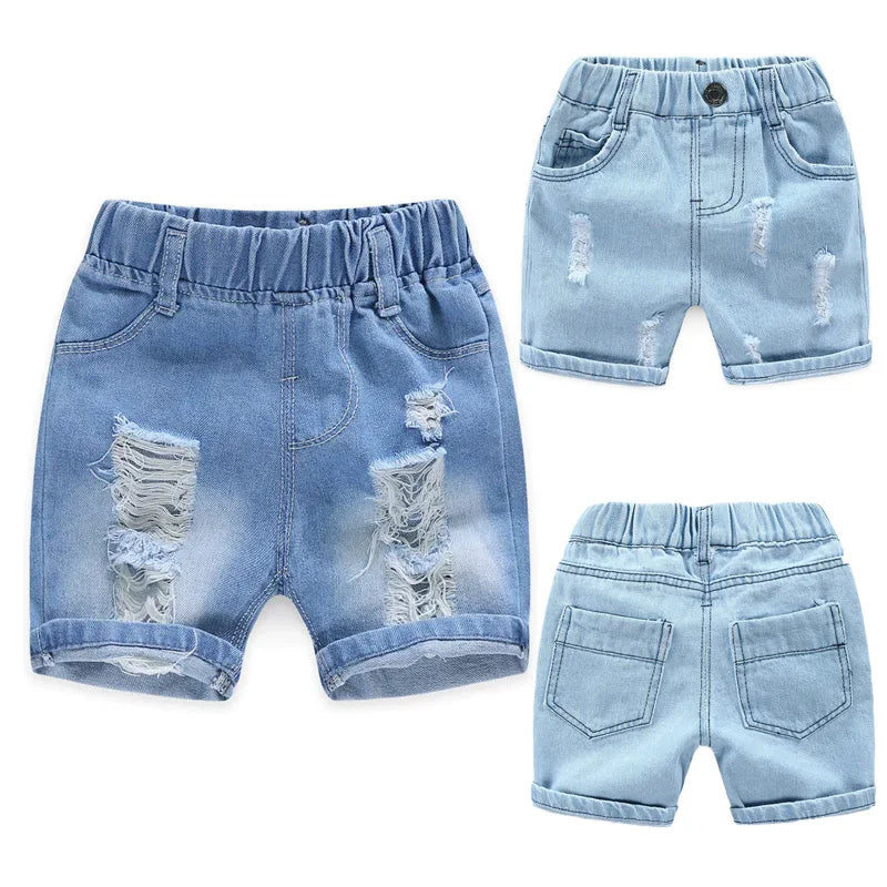 Summer Boy Shorts Children Casual Torn Jeans Kids Knee Length Denim Pants Baby Elastic Waist Shorts Infant Fashion Trousers 2-8Y
