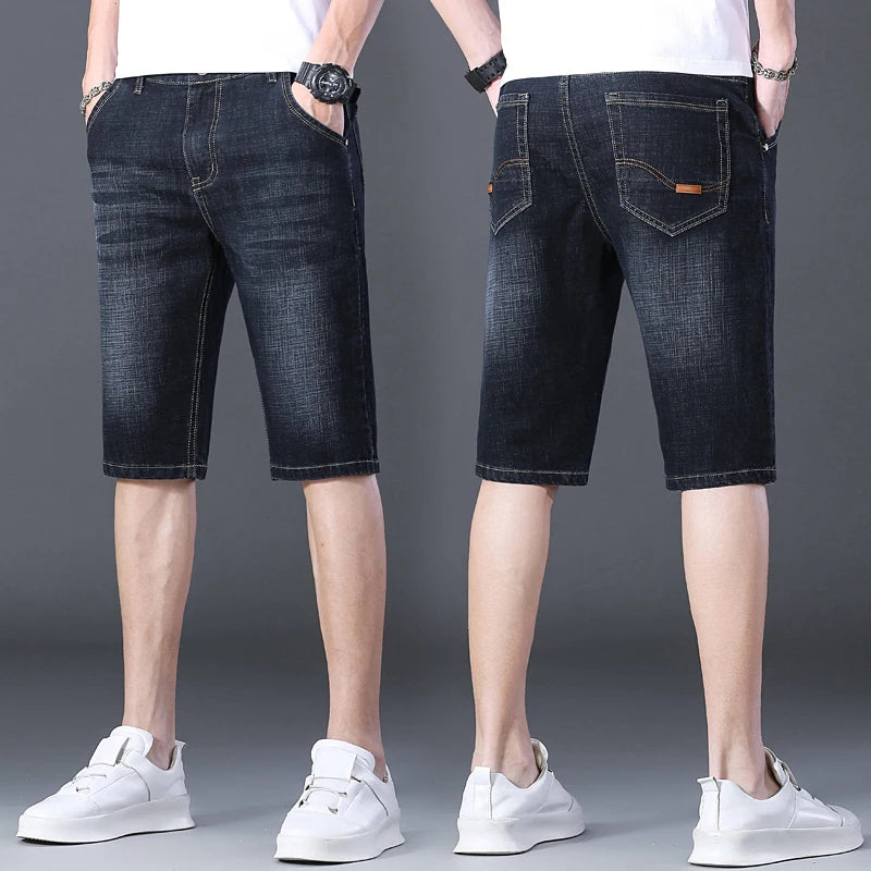 2024 Mens Casual Knee Length Denim Shorts Elastic Straight Brand Cotton Jeans Street Style Fashion Solid Color Short Jeans