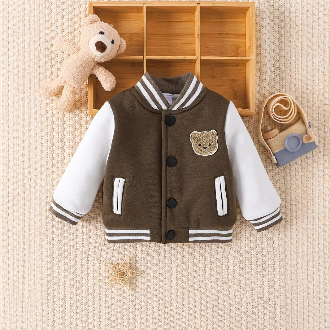 Boys Girls Baseball Jacket Infant Single Breasted Cute Embroidered Bear Head Kids Spring Fashion Jacket 3-6-9-12-24M