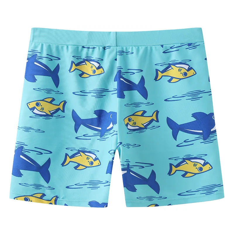2-piece Set of Summer Children's Swim Trunks Swim Caps Boys' Swimwear Quick Drying Shorts Cartoon Print Beach Swimwear Ages 4-16