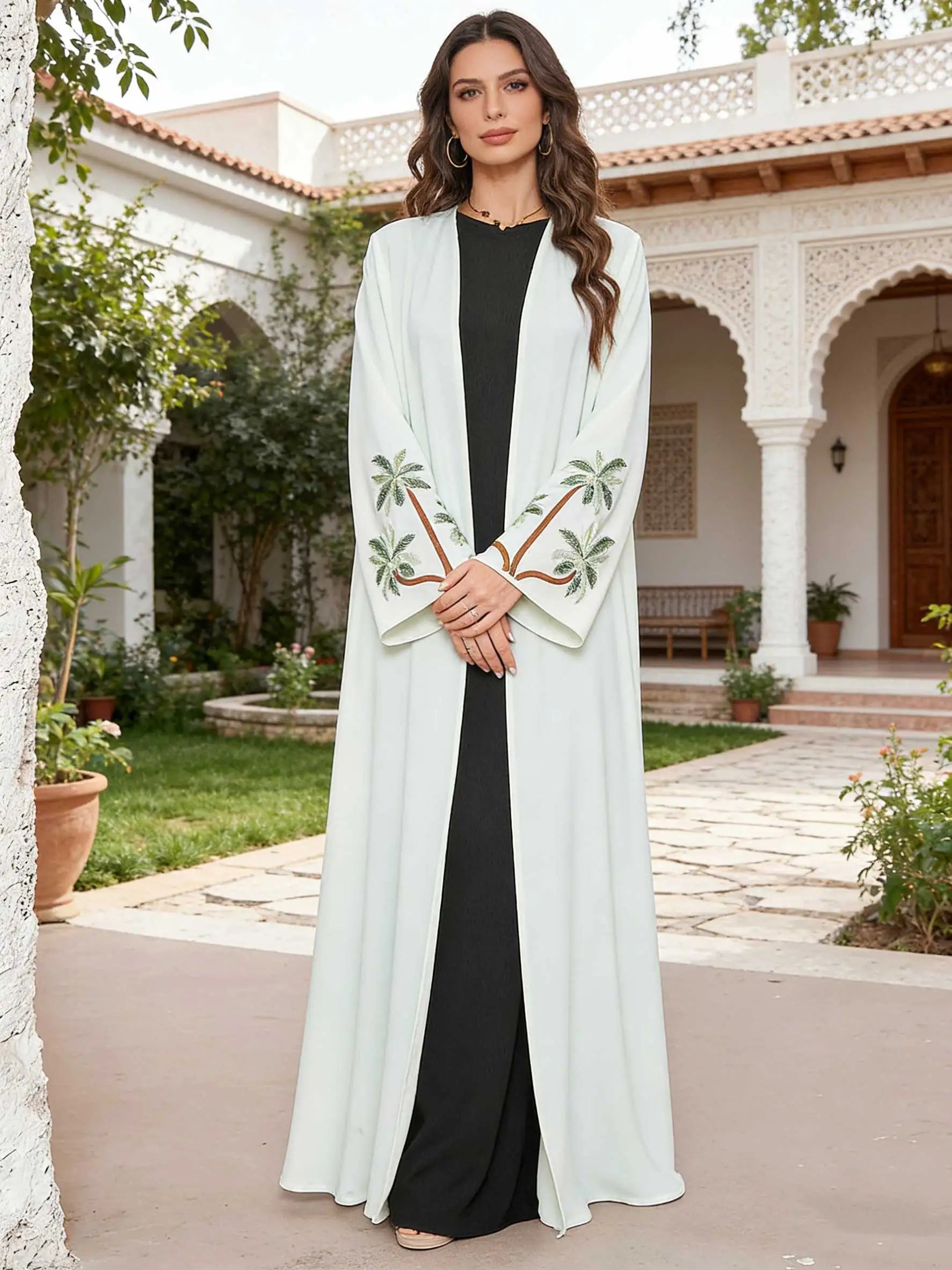 Elegant Abaya Palm Tree Embroidered Sleeves Open-Front Design Women Muslim Turkish Kaftan Ramadan Islam Qatar Arabic Gowns 2026