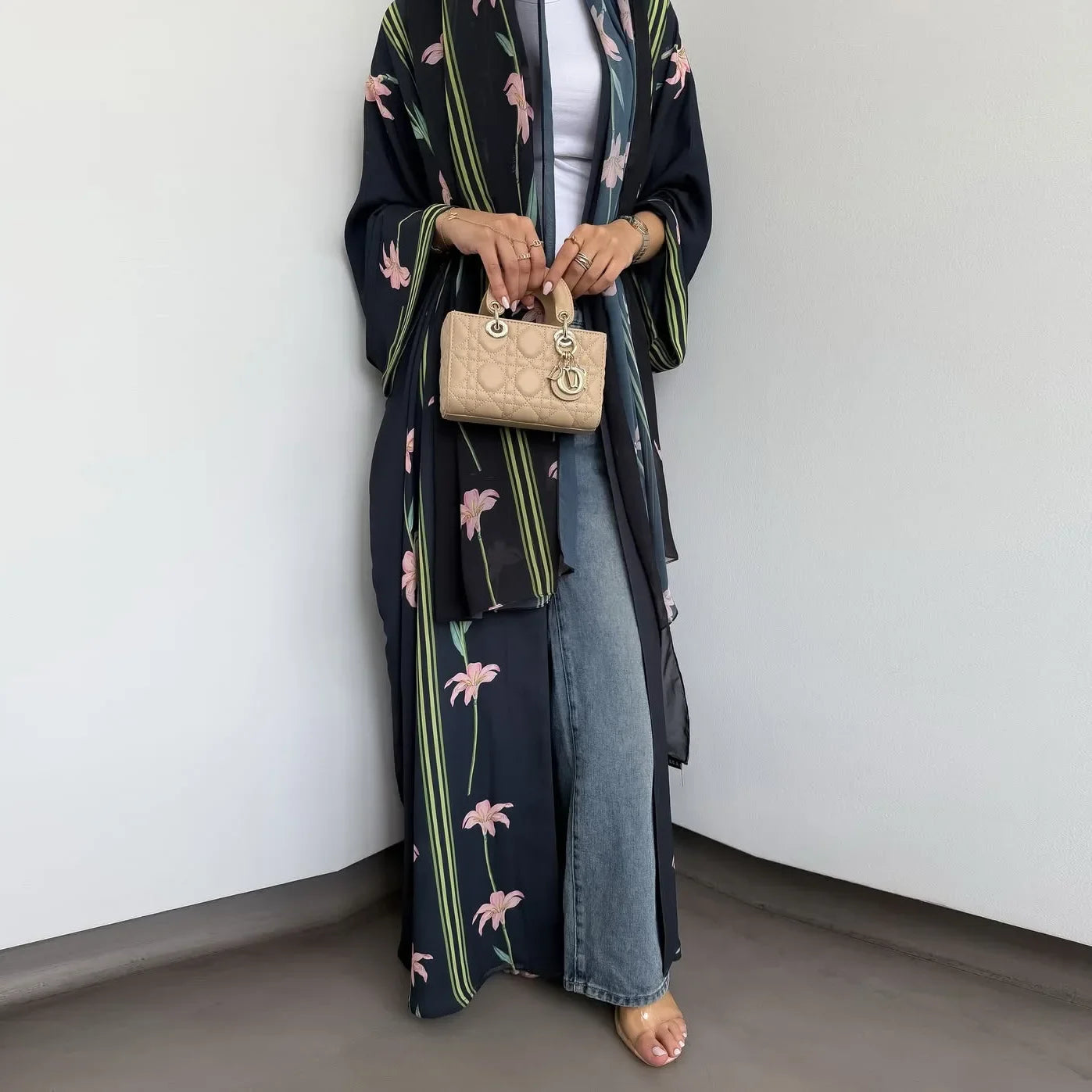 Modest Floral Print Open Cardigan Headscarf Two-Piece Set Middle East Dubai Abaya Muslim Women's Clothing Fashionable Outerwear