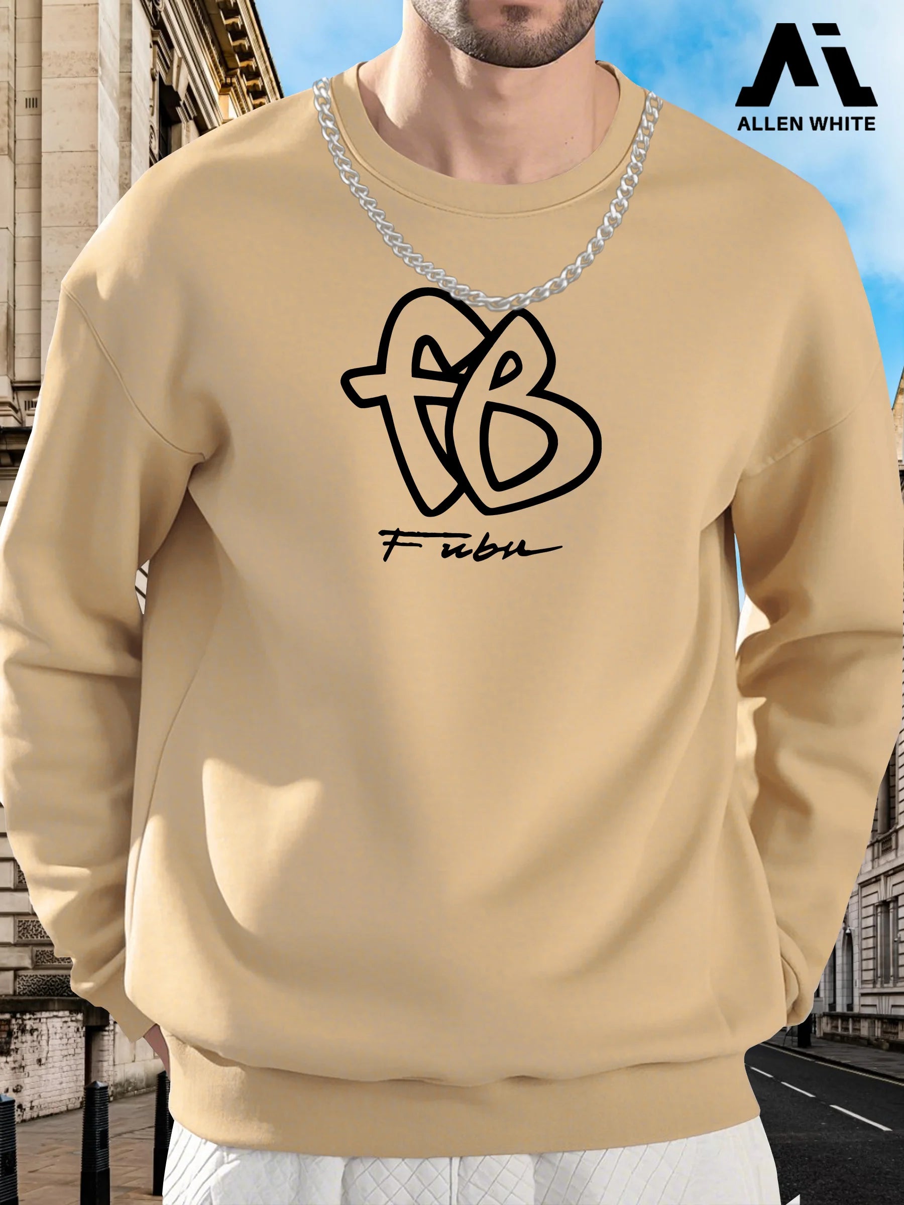 Men'S Fubu Graphic Sweatshirt - Brown Casual Crew Neck Pullover with "FUBU" Print, Soft Stretch Knit Fabric, Loose Fit Long