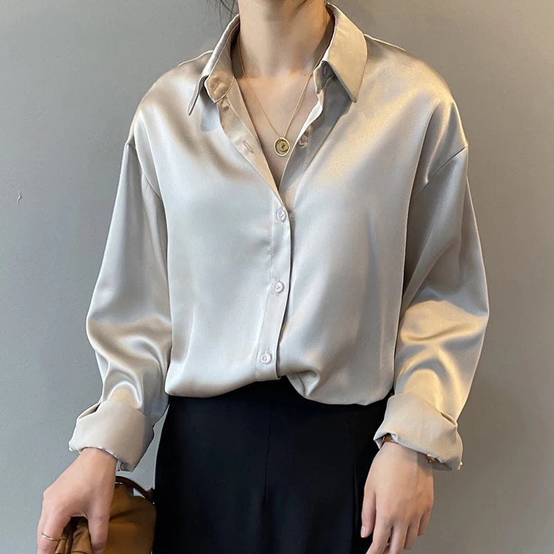 Spring Satin Button-Up Blouse for Women