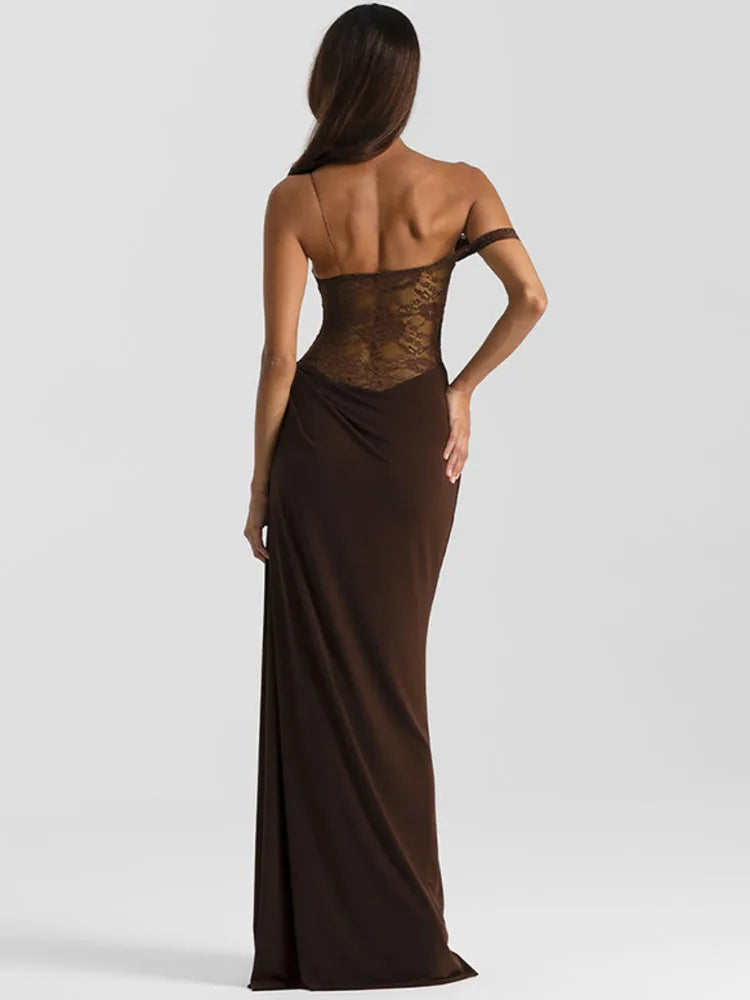 One Shoulder Lace See Through Sexy Maxi Dress Women
