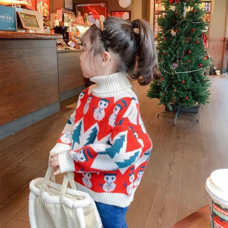 Girls' High Neck Sweater Thickened Autumn and Winter New Fashionable Christmas Pattern Girls' Knitted Sweater Sweet and Cute