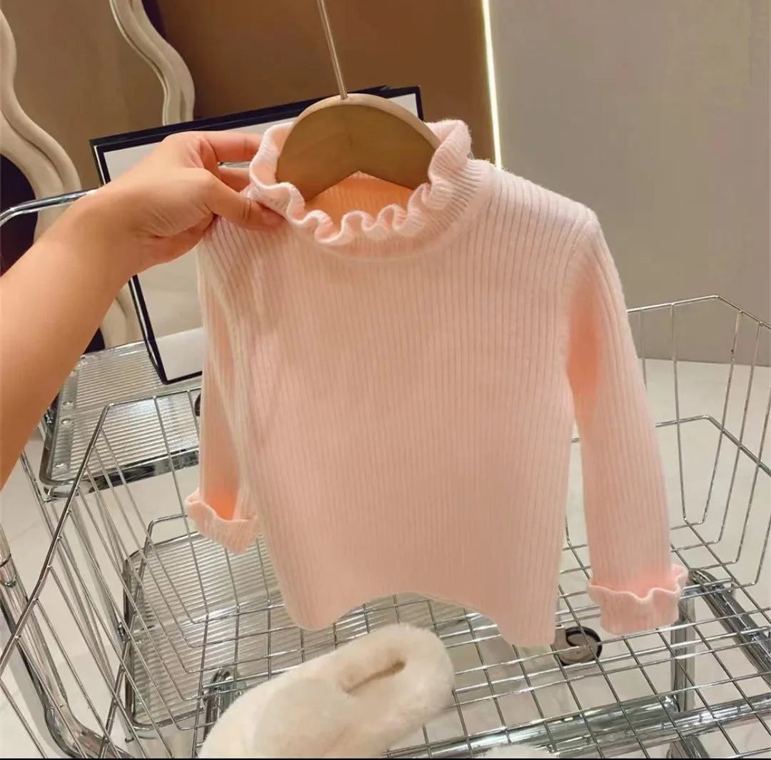 Girls Sweater Winter Fashion High Neck Solid Color Bottom Shirt Children High Elasticity Irregular Collar Knit Pullover