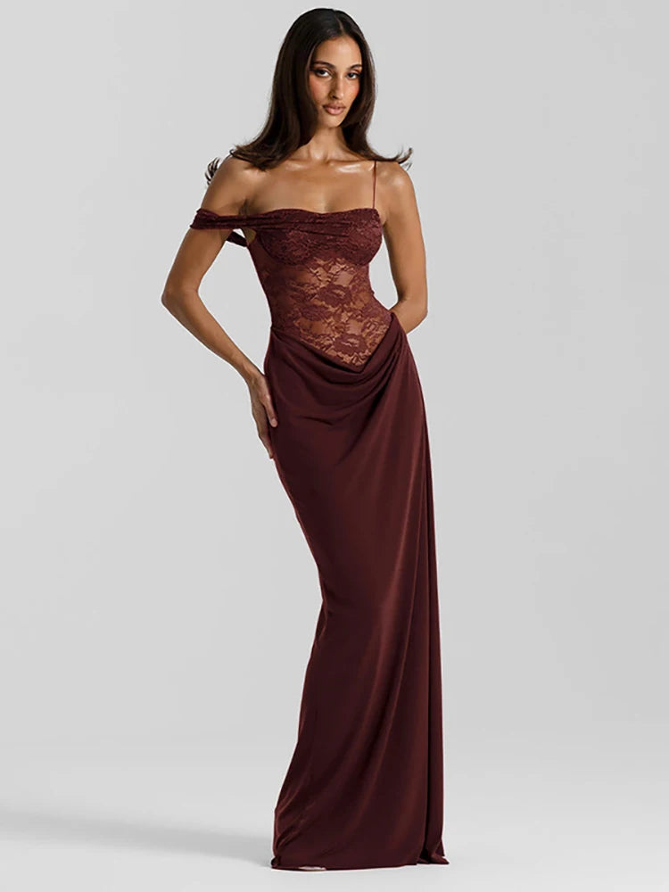 One Shoulder Lace See Through Sexy Maxi Dress Women