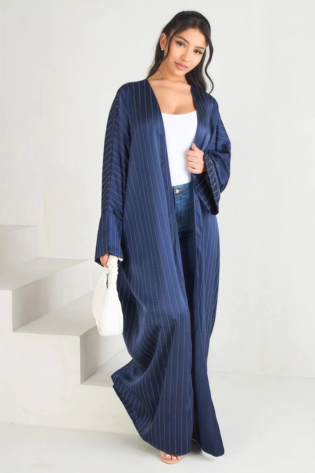 2025 New Elegant Blue Abaya with Sparkling Rhinestone Middle Eastern Aesthetic Loose Cardigan Silhouette Ideal for Modest Wear