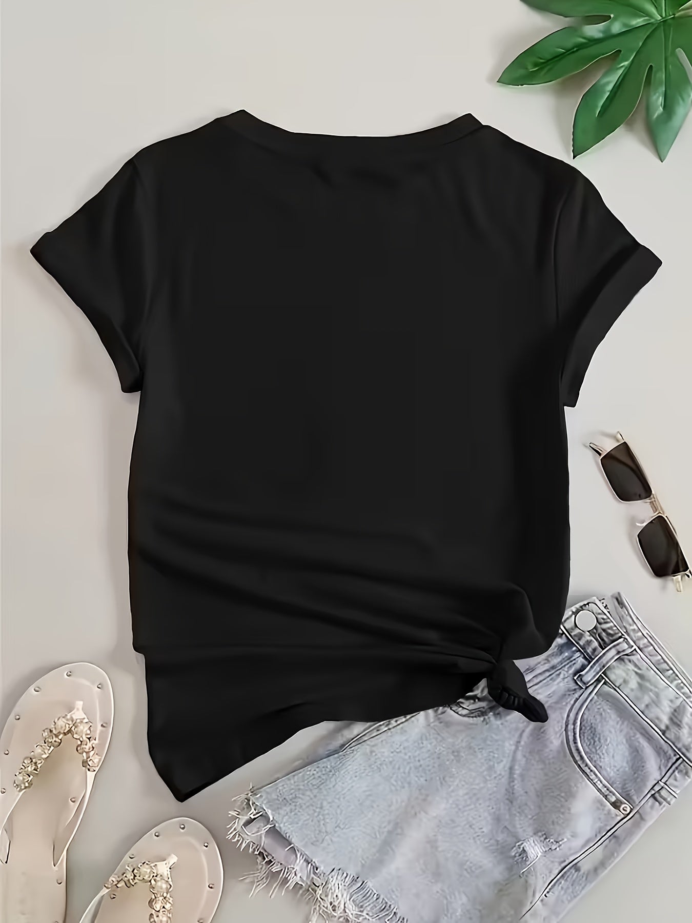 Women's Casual Printed Short-Sleeve T-Shirt - Black Print Design, Round Neck, Lightweight, Machine Washable, Spring/Summer Top, Elegant Women's Shirt