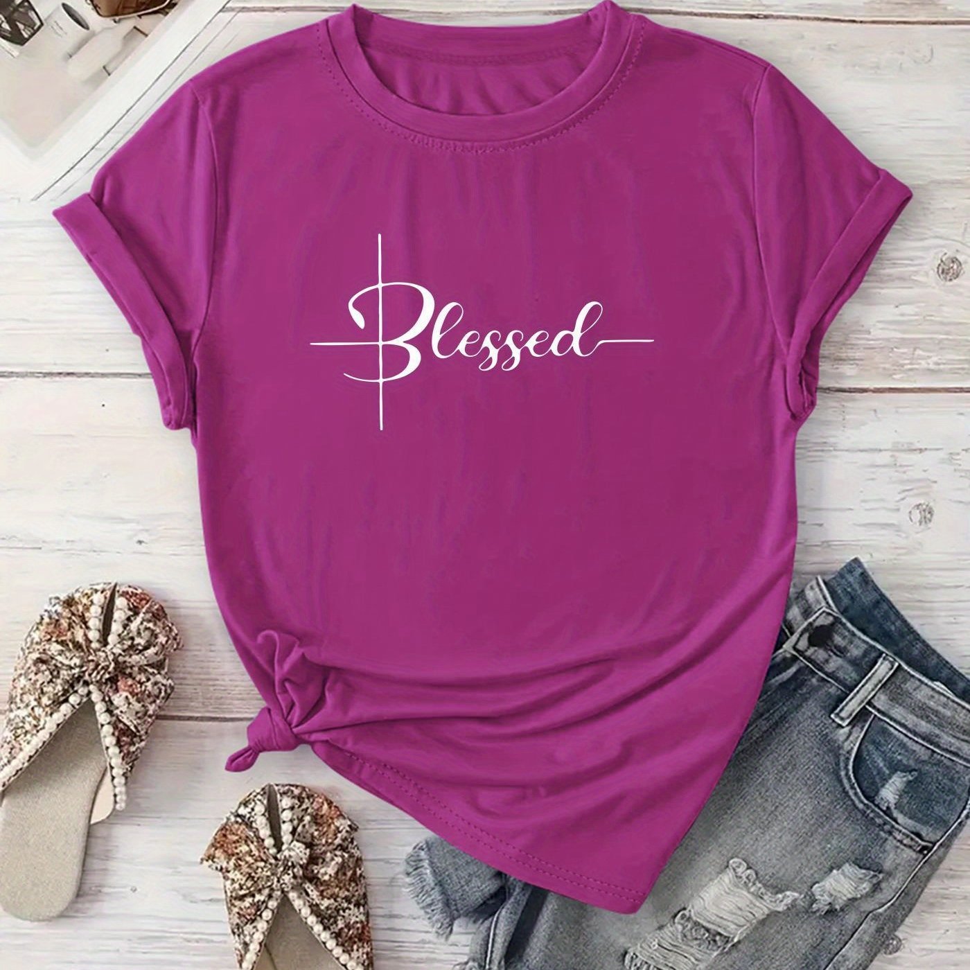 [New Recommendation] Creative Monogram Blessed Printed T-shirt, Women's Casual, Vacation, Short-sleeved Round Neck, Spring and Summer, Machine Washable, New Women's Clothing, Out of the Street Versatile, S