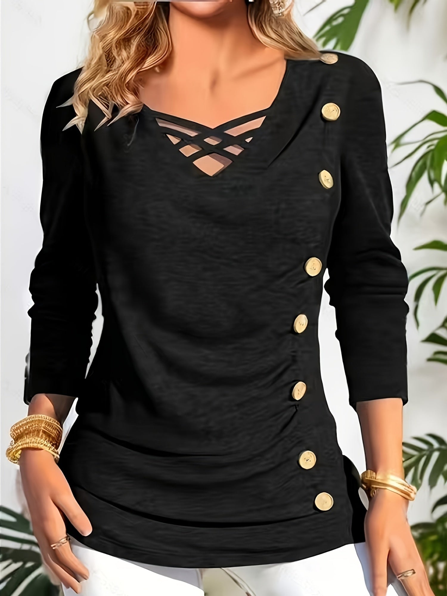 New Autumn And Winter Solid Color V-Neck Loose Elegant Long-Sleeve Top for Women