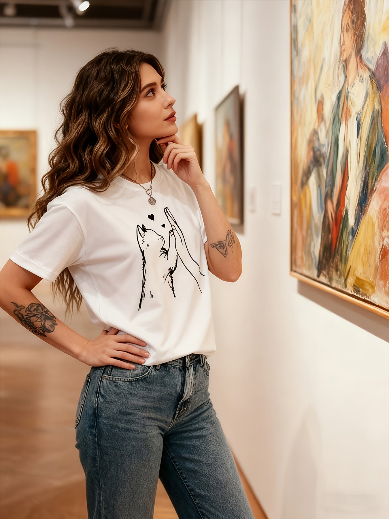 Pet Lovers Cat's Paw Graphic Print Stylish Casual Short Sleeves, Spring and Summer Fit, Round Neck Women's T-shirt