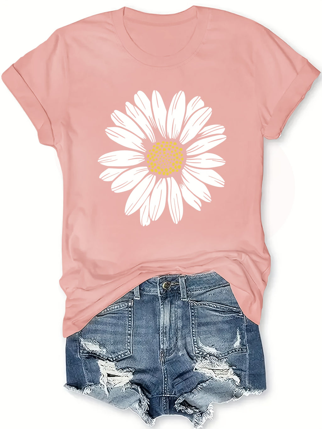 Daisy Flower Print Women's Summer Outfit Combined Version Round Neck T-shirt