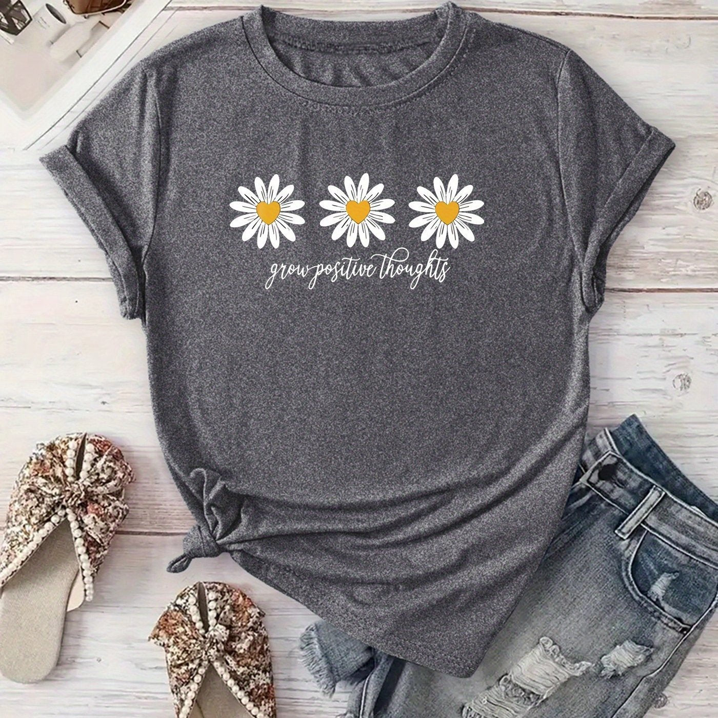 New Arrival: Floral Print T-Shirt for Women, Perfect for Casual Outings, Vacations, Short Sleeves, Round Neck, Suitable for Spring And Summer, Machine Washable, Versatile And Flattering for Streetwear And .