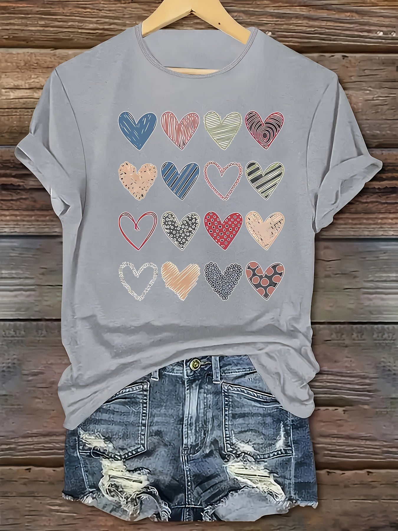 Fashionable Women'S Collection Valentine'S Day Creative Heart Pattern Printed Casual Round Neck Short Sleeve T-Shirt