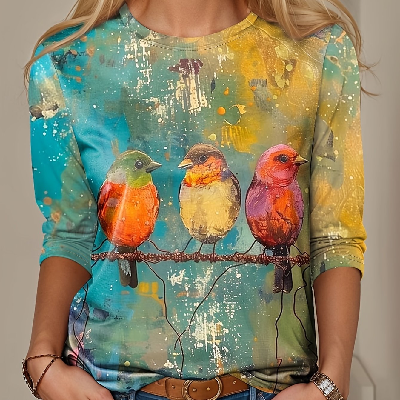 Women's Fashion 3/4 Sleeve Loose Comfortable Basic Animal Print Shirt Round Neck Seven-Eighth Sleeve Casual T-Shirt