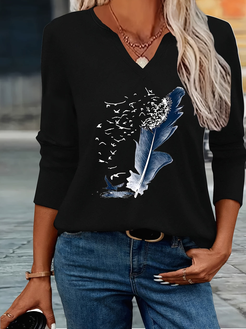 2025 New Style, Print Spring And Summer Fashion Easy Women'S Casual V-Neck Three-Quarter Sleeve T-Shirt 79-A41-544