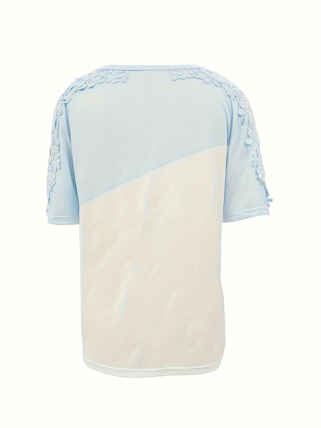 Solid Lace Stitching Crew Neck T-Shirt, Elegant Short Sleeve T-Shirt For Spring & Summer, Women's Clothing