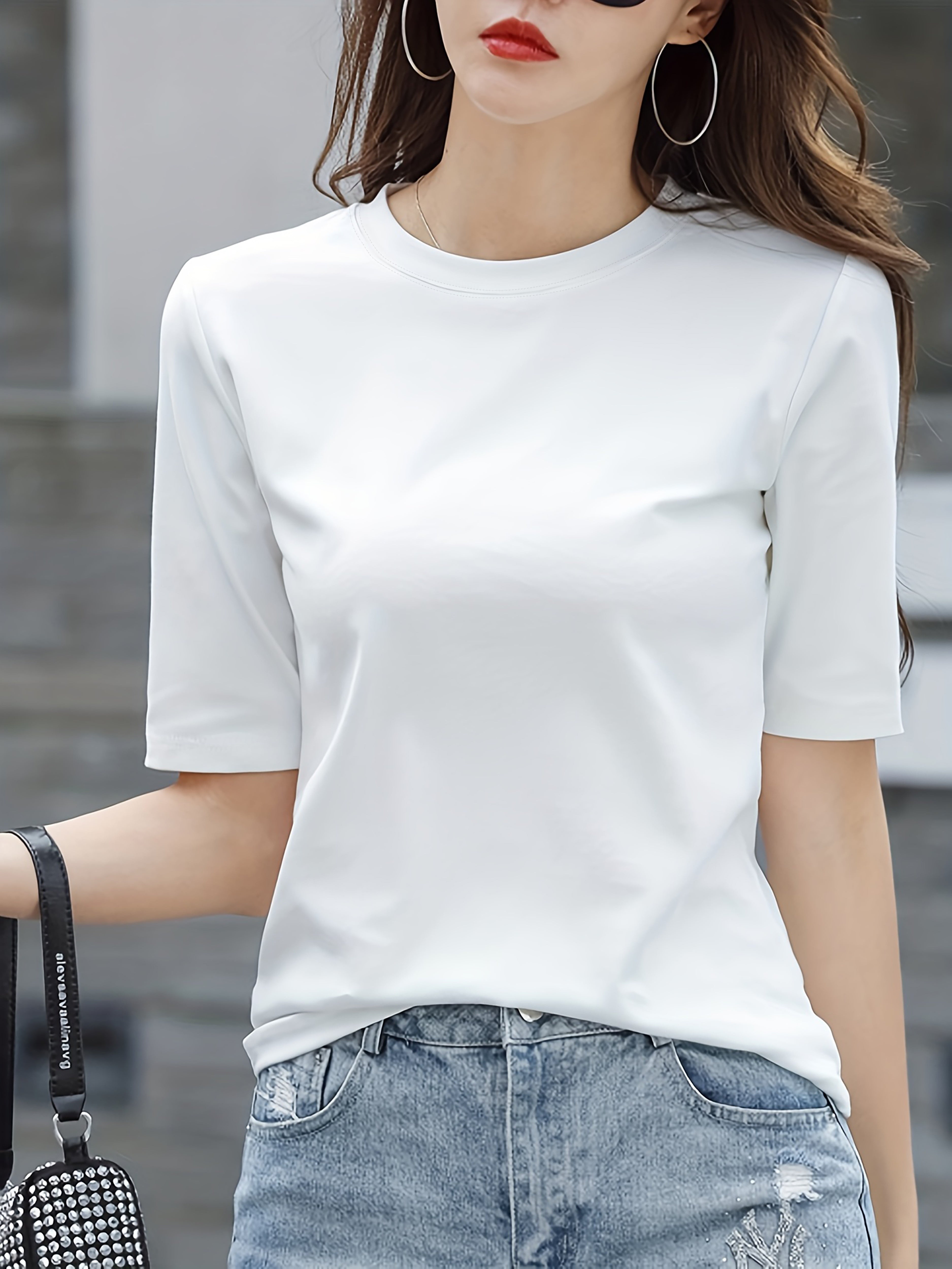 Women'S Elegant Solid Color T-Shirt - Soft Pink Crew Neck Short Sleeve Top, Perfect for Summer Fashion, Everyday Tshirt | Versatile Top | Comfortable Fit