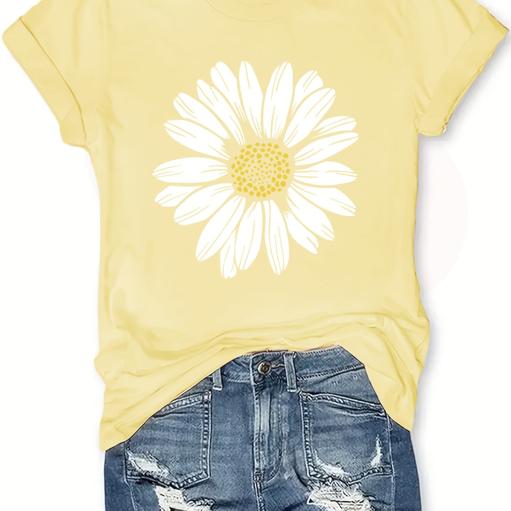 Daisy Flower Print Women's Summer Outfit Combined Version Round Neck T-shirt