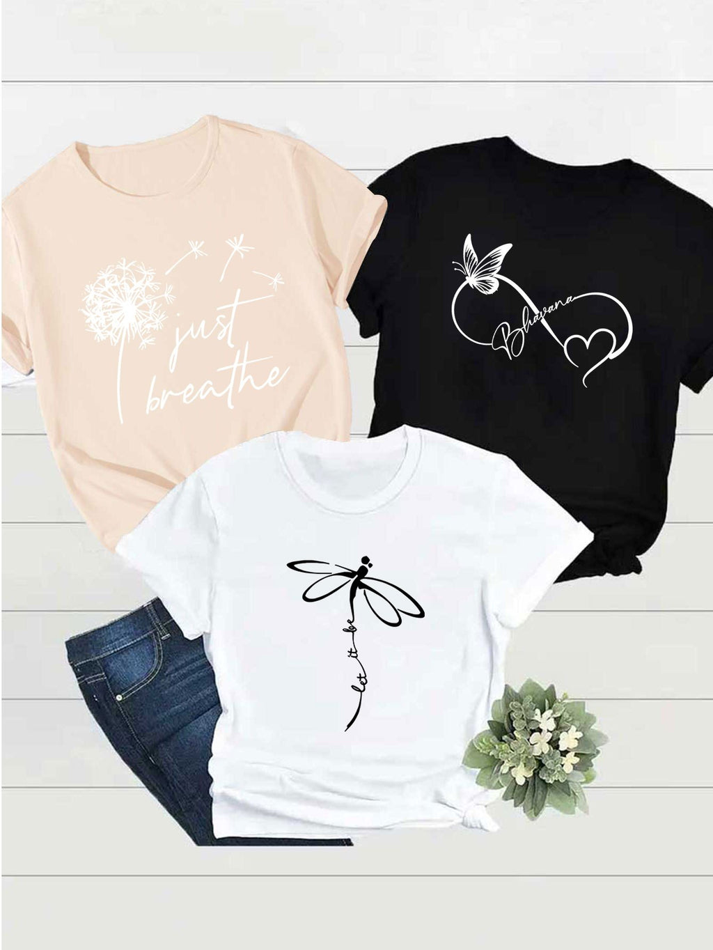 Creative Dragonfly&Butterfly&Dandelion Alphabetical Elements Printed T Shirt 3pcs Set, Summer and Spring Short Sleeve Round Neck Casual Tops Multi Sets for Women