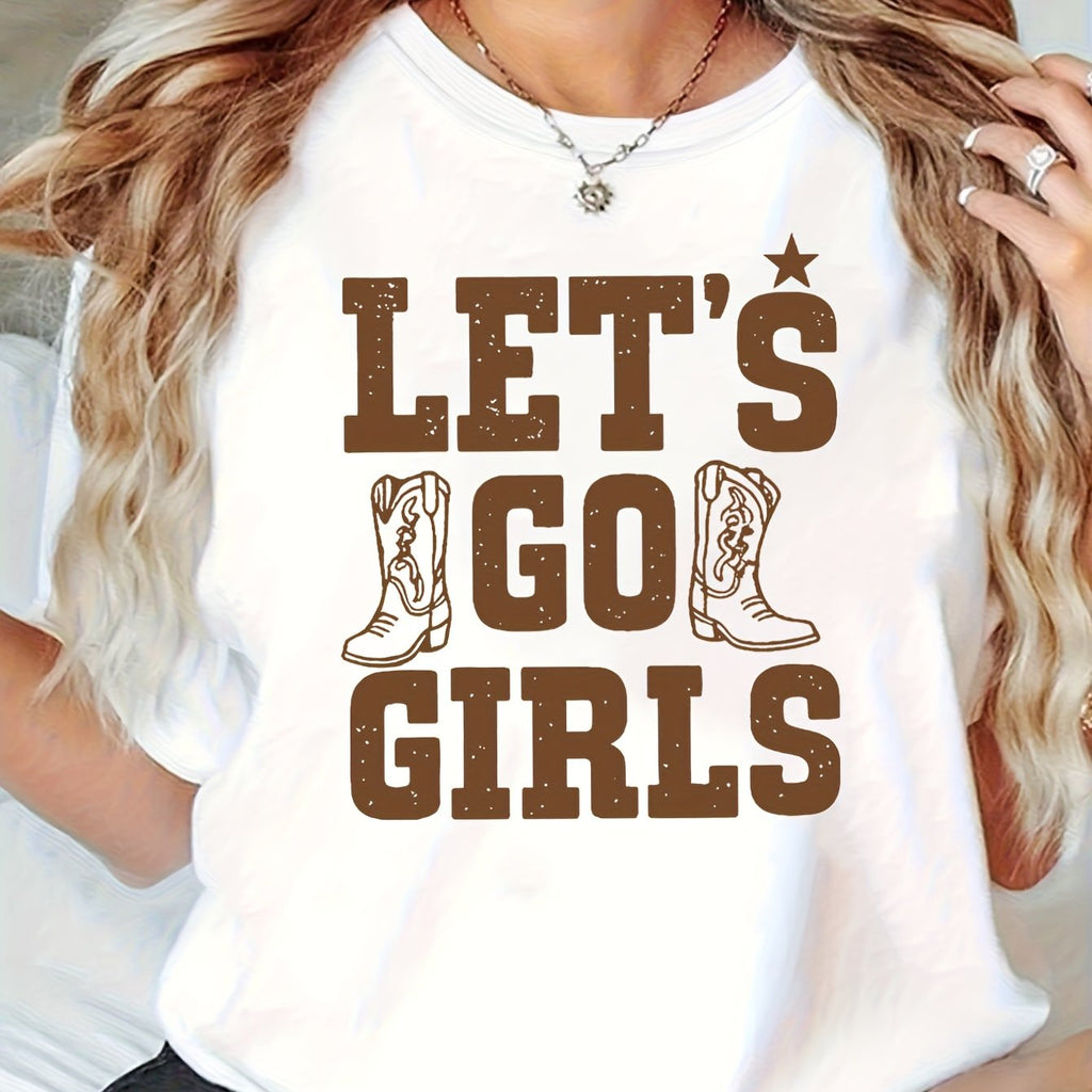 Women's Power Western Text T - Shirt, Women's Casual Crew - Neck, Sisters Gathering, Daily Expression Season