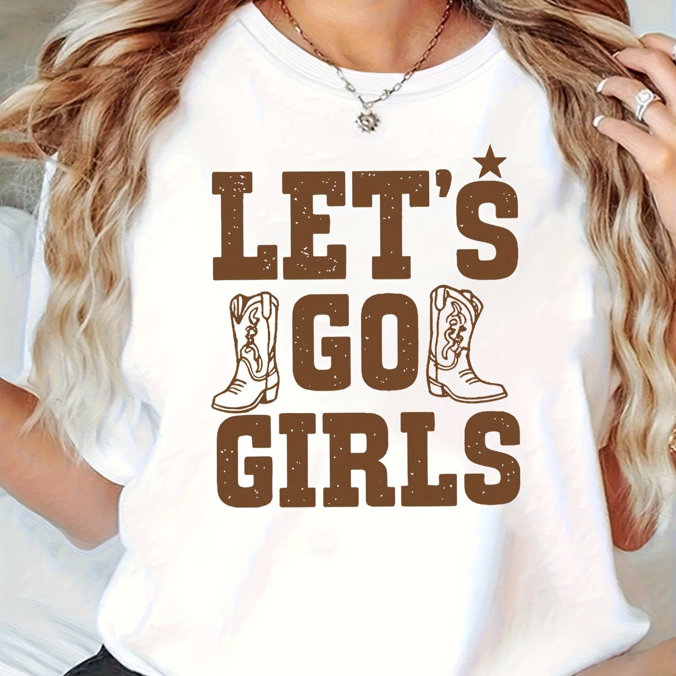 Women's Power Western Text T - Shirt, Women's Casual Crew - Neck, Sisters Gathering, Daily Expression Season